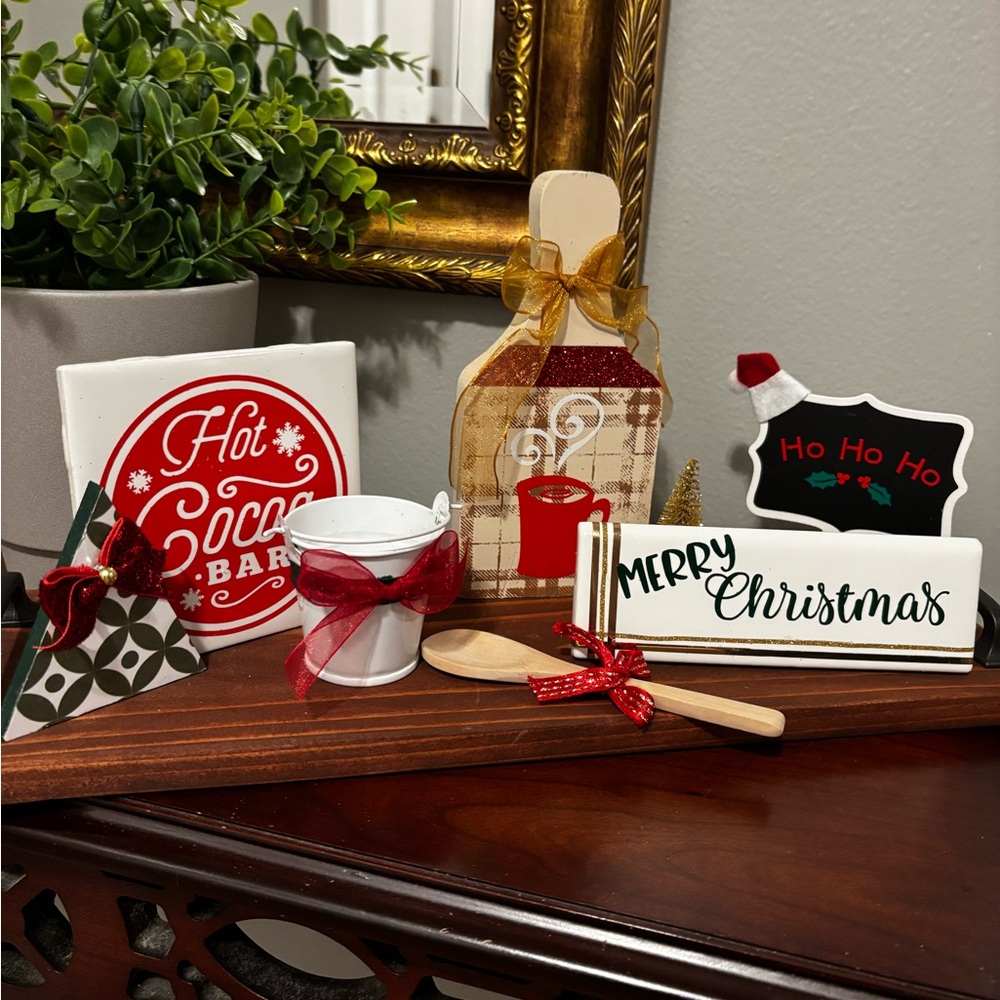 Handcrafted/made. Holiday Decor Set with Red and White Accents serving board